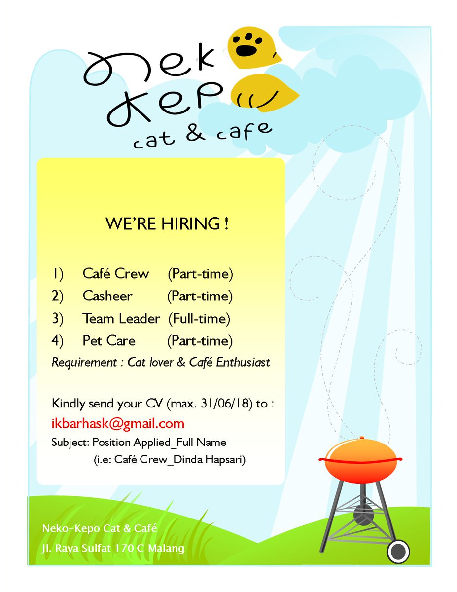 CAFE KUCING kini ada di MALANG ! Kirim CV anda untuk menjadi bagian dari Neko-Kepo Cat &amp; Cafe ke ikbarhask@gmail.com dengan subject: POSISI YANG DIPILIH_NAMA LENGKAP (contoh: CAFE CREW_DINDA HAPSARI). Maksimal pengiriman CV tanggal 31 Juni 2018. Ditunggu ya :)