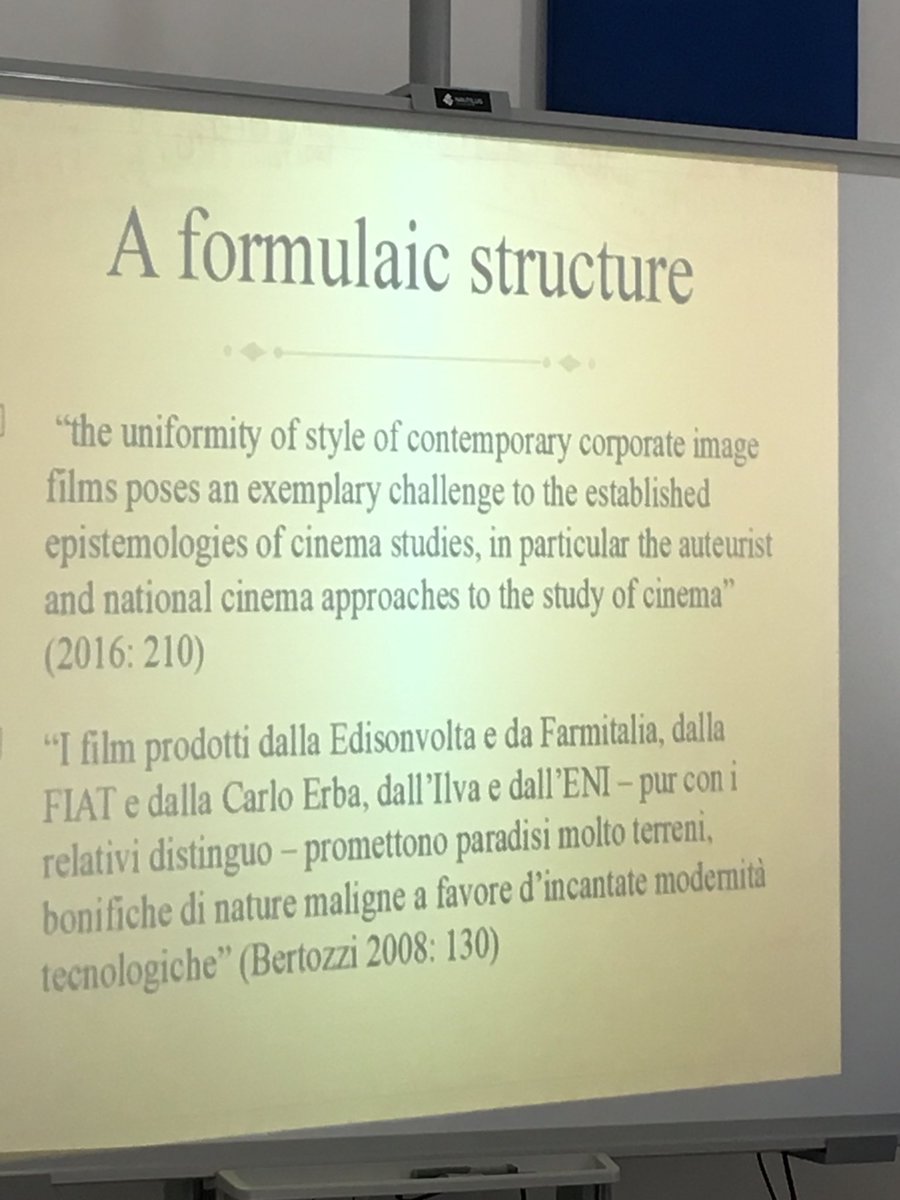 rahaworth's tweet photo. Industrial films with a uniformity of style. Necessary for the creation of a stable, uniform corporate image. But how does this sit alongside how we read Italian cinema (auteur cinema? Neorealism?) #AAIS2018 #s15c https://t.co/b4LGfTl1AK