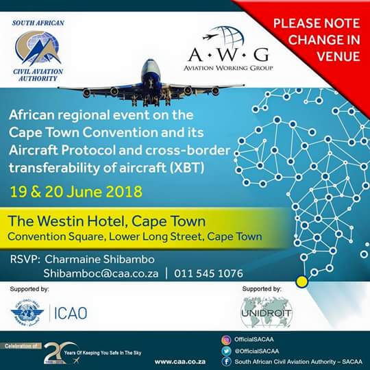 OfficialSACAA's tweet photo. 2 days to go! The #AviationWorkingGroup will on the 19-20 June, be hosting an important African Regional event on the CTC & its Aircraft Protocol & cross-border transferability of aircraft (XBT).For more info go to https://t.co/IoGnJvJLsm
#SACAA
#20yearsofkeepingyousafeinthesky https://t.co/vL9KbR9sHH