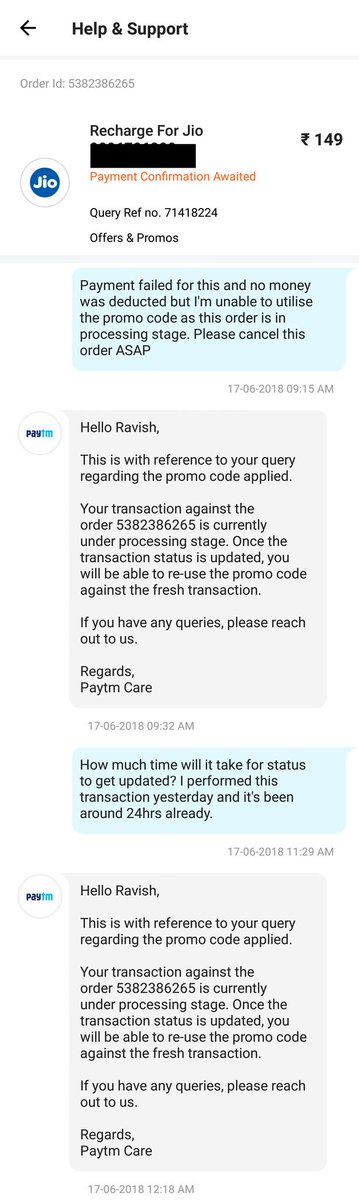 _RavisH__'s tweet photo. @Paytmcare @Paytm Please provide information about queries asked for and not just copy paste pre-written lines. https://t.co/uxPLRaAfz5