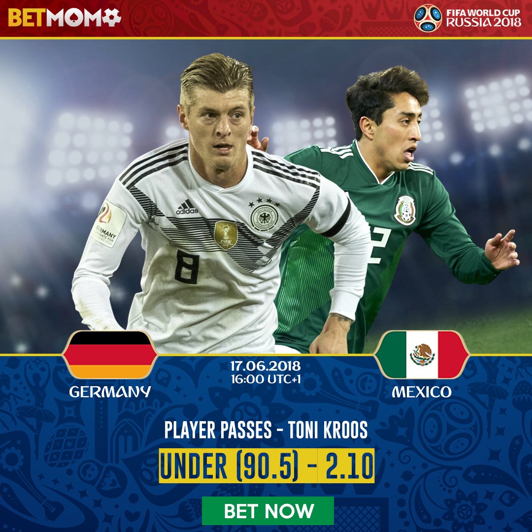 Toutes les options sur #Betmomo!
Cote de 2.10 si Toni Kroos fait moins de 91 passes face au Mexique.
▶️ goo.gl/ea5hNt 👌
5% des pertes remboursées TOUS LES JOURS!!!
#CDM2018 #WC2018 #Cameroun #Cameroon