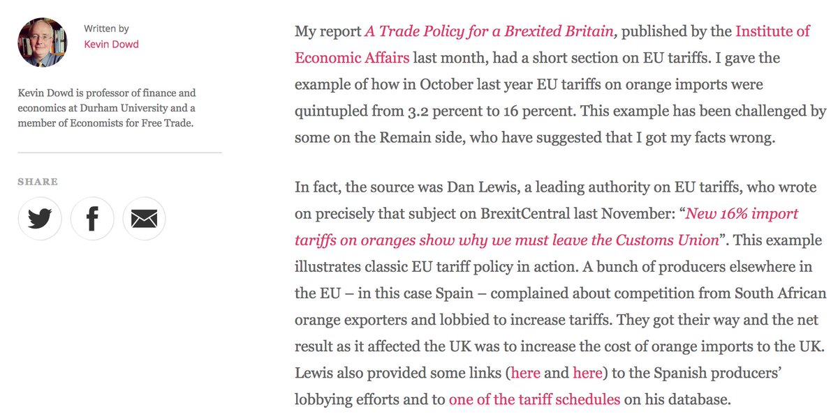 2/27In Aug 2017 Kevin Dowd published a report for the IEA called "A Trade Policy for Brexit Britain". It included some inaccurate commentary about EU tariffs. The BrexitCentral article sought to defend his claims, stating that his source was "leading authority" Dan Lewis.