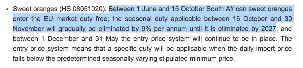 15/27The tariff for oranges from South Africa were liberalised by making it a 0% duty during the full season from June to October, and extending that 0% period to cover all of November within 10 years by phased reductions. https://www.tralac.org/discussions/article/12282-south-african-citrus-exports-under-the-sadc-eu-epa.html