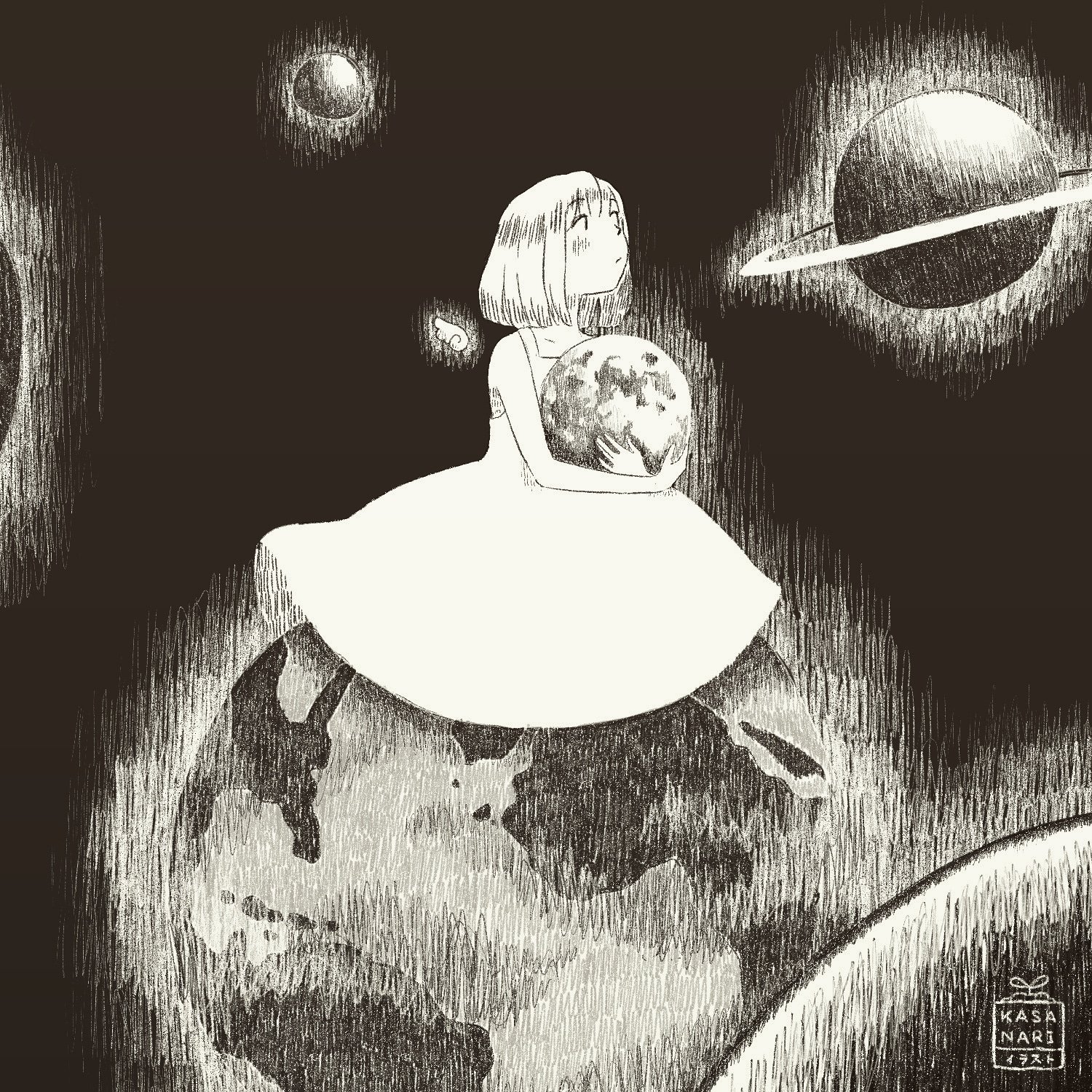 O Xrhsths N A R I Sto Twitter To The Moon And Back 18 06 17 Space Earth Moon Saturn Angel Girl Spacegirl Whitedress Dress Monochrome Drawing Illustration Clipstudiopaint 宇宙 地球 月