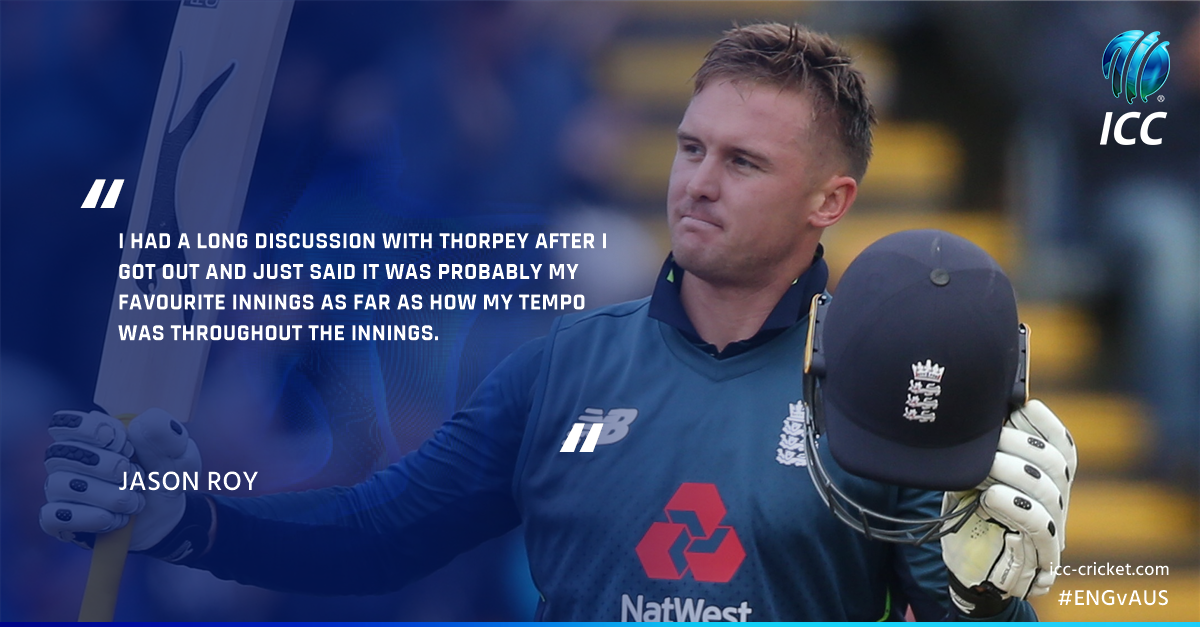 ICC's tweet photo. Yesterday's 120 in Cardiff was 'probably' @JasonRoy20's favourite innings - was it better than his 180 in Melbourne?

READ ➡️ https://t.co/ZipFpoAID8 https://t.co/Llng5Jj1m3