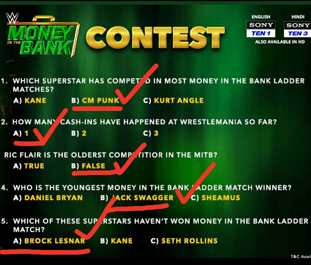 iam_margam's tweet photo. @SPN_Action @Raghavendra0703 @WWEIndia 1) B - CM Punk
2) A - 1
3) B - False
4) B - Jack Swagger
5) A - Brock Lesnar
#MITBContest https://t.co/Jww5zvqWLt