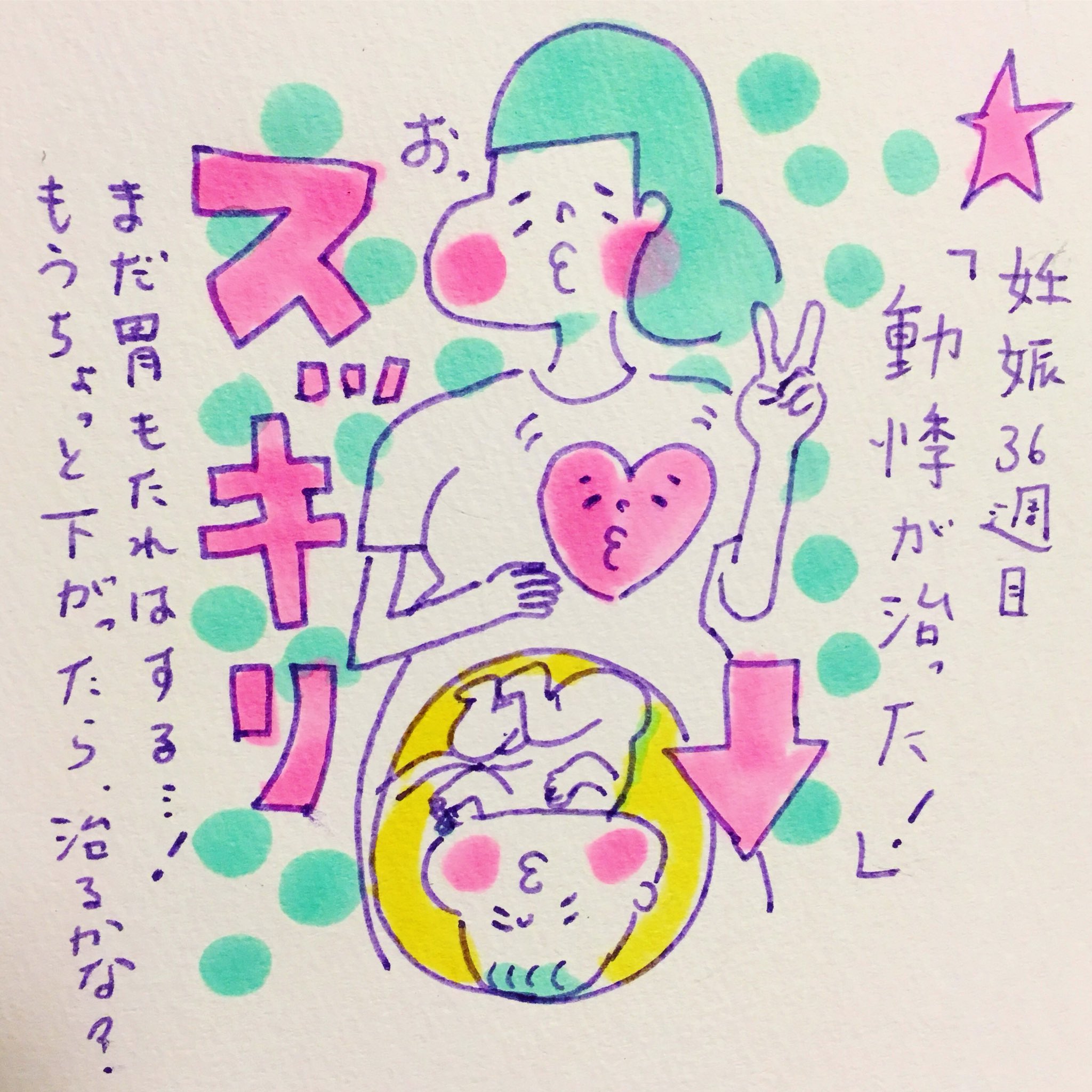 絵を描くチャンアス 妊娠日記 妊娠10ヶ月 臨月 動悸が治った 今朝から動悸がしなくなってた 子宮が下がったようで 肋骨の間みぞおち部分がスッキリしてる感 胃もたれ よだれつわり は引き続きだけど 近日中に改善されることを期待