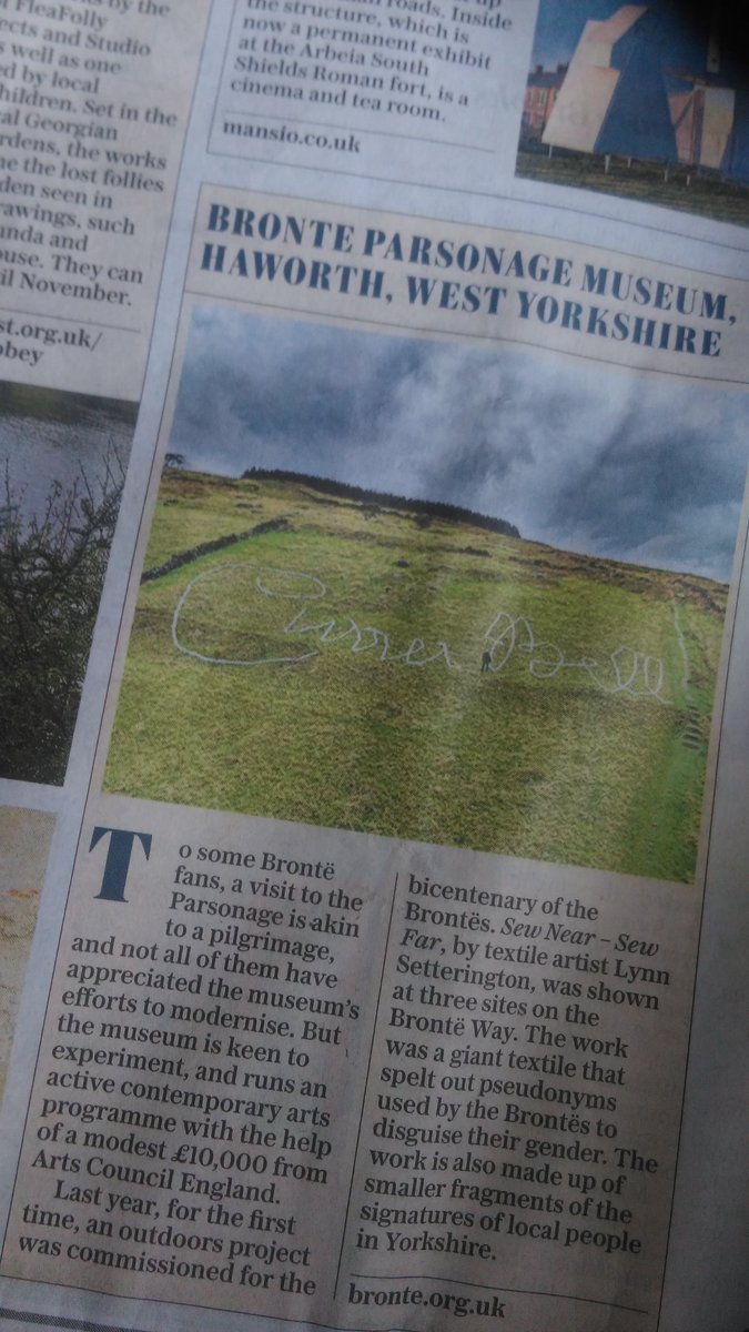 Lynnsett1's tweet photo. Good to see my commission with the Bronte Parsonage museum #sewnearsewfar as part of #meetingpoint2 in the paper yesterday- even if it was he Telegraph! https://t.co/21vu2Dubxi