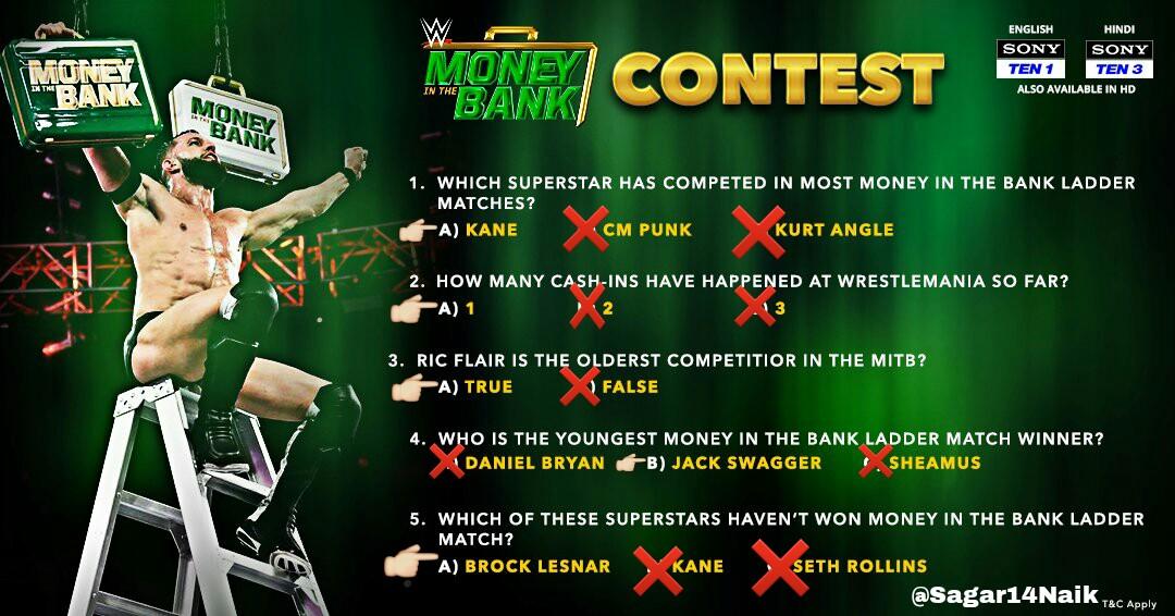 Sagar14Naik's tweet photo. @SPN_Action @WWEIndia 1. A) KANE
2. A) 1
3. A) TRUE
4. B) JACK SWAGGER 
5. A) BROCK LESNAR
#MITBContest 
Join &amp; Win
@Prashanth_techy 
@ultra_instincts 
@Jay_parmar121
@rushavgandhi 
@witty_vishal 
@SapnaChawla84 
@chandra_mani38 
@DippakMehrotra 
@Imrajulali071 
@Jacksaddam1 
@Dazzlingcutie1 https://t.co/4xodOISAYn