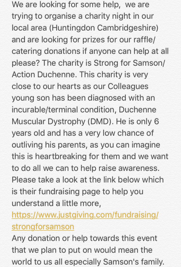 kirstycarter20's tweet photo. Any help with this would be amazing and mean a lot to so many people #strongforsamson #actionduchenne #charityraffle #prizes @ActionDuchenne @strongforsamson https://t.co/wlwxJ64hYt