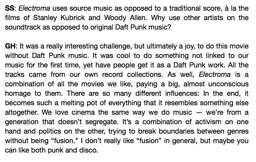 Daft_Wub's tweet photo. Excerpts from Stop Smiling Magazine issue 36 where Thomas and Guy-Man answer questions about Electroma and films in general.

https://t.co/vHHKXV7chM https://t.co/BVODnUvgJB