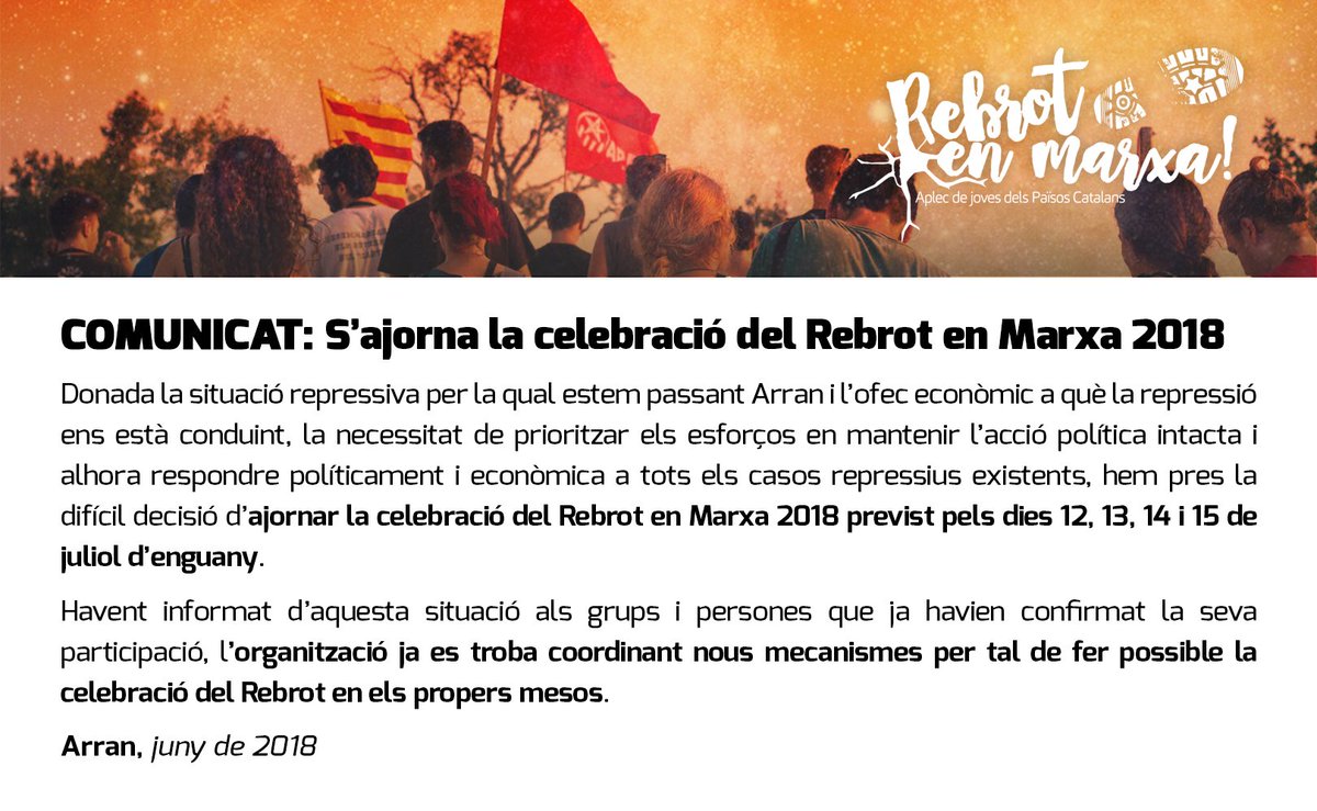 📝 Comunicat: S’ajorna la celebració del Rebrot en Marxa 2018.