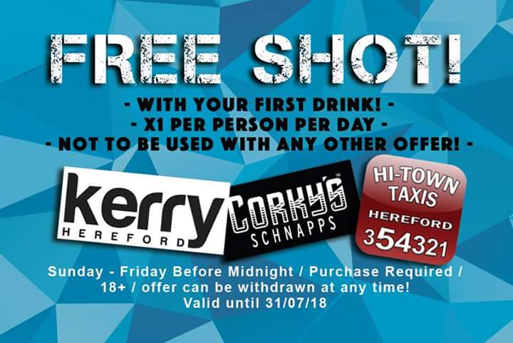 Going out this week. Get a FREE SHOT with your first drink when you get a taxi from anywhere to The Kerry!* T&amp;C's apply! 01432 354321 <a href="/HerefordKerry/">KERRYHEREFORD</a>