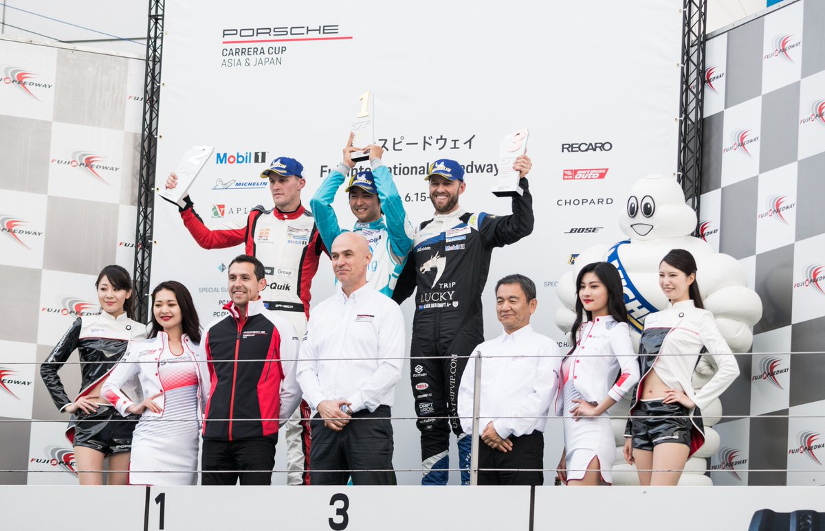 carreracupasia's tweet photo. With the 10-lap race complete, #PCCJ’s Tsubasa KONDO of SKY RACING was celebrated as the Overall victor and was joined on the podium by our own @will_bamber of #EarlBamberMotorsport in 2nd and @c_van_der_drift of #TeamFormax in 3rd. https://t.co/YtLEUvi3QG