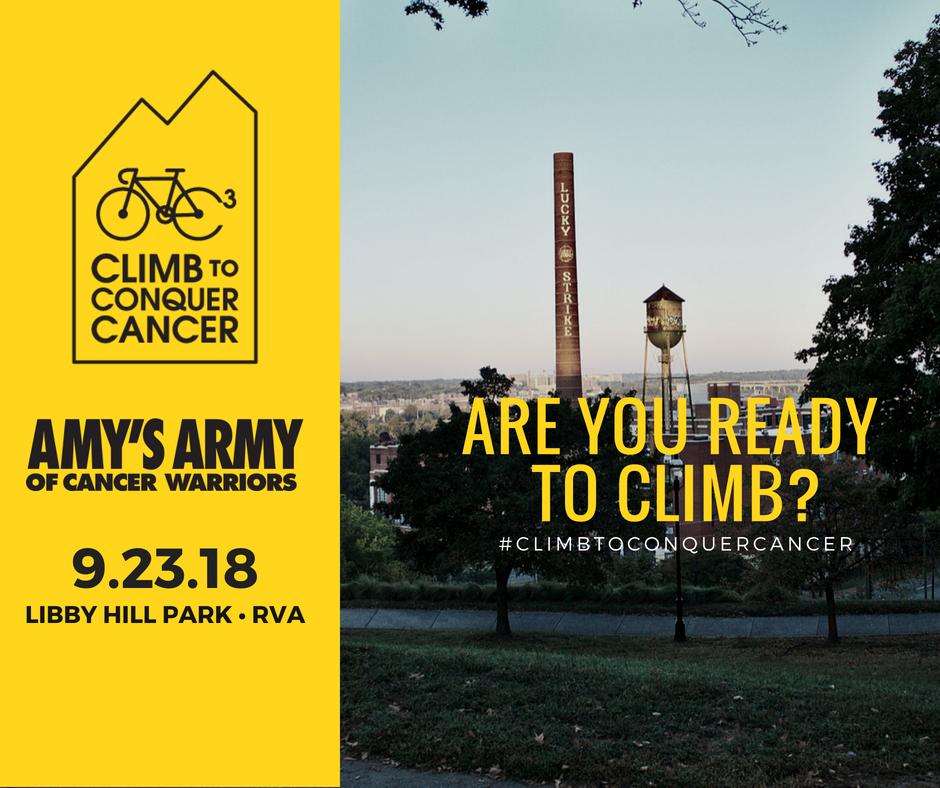 AmysArmyRVA's tweet photo. Are you ready to climb? Join us for the 2nd Annual Climb to Conquer Cancer Sunday, September 23rd at Libby Hill Park! Event info and tickets are now available>> https://t.co/YAiXF6ZLid #rvabike #amysarmyrva #climbtoconquercancer #rva #richmond https://t.co/RLjZeg2i07