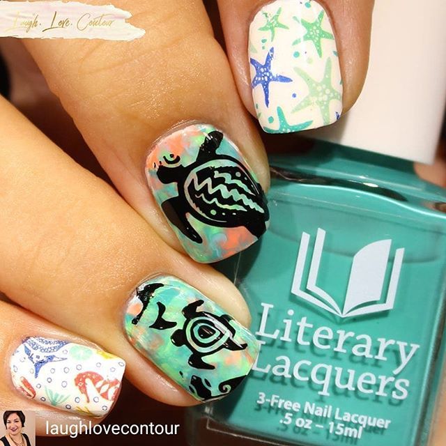 LiteraryLacquer's tweet photo. Regrann from @laughlovecontour -  Did you know that today is World Sea Turtle Day? Sea turtles are my favorite animal, and I just can to create a nail art look to celebrate! I used @literarylacquers shades in Salmon Enchanted Evening, Cyan-Tifically Prov… https://t.co/tBum5GKeS0 https://t.co/tyoi6AEQCj