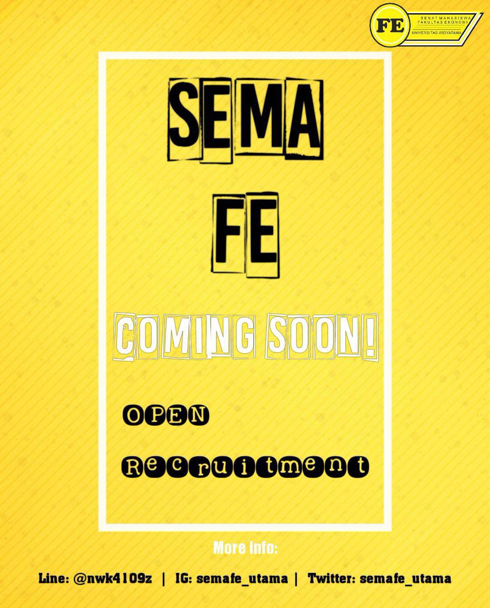 [O P R E C S E N A T F E]
[C O M I N G S O O N]
Hallo Mahasiswa FE! 
Let's be a part of #SENATFEWIDYATAMA2018-2019

For more information, find out in our social media:
Line: @nwk4109z
Instagram: semafe_utama
Twitter: semafe_utama

Stay Tuned! 😉