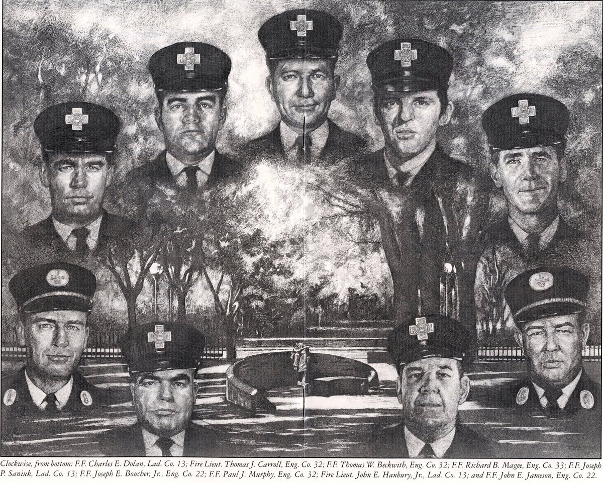 The Vendome 9; Lt. Thomas Carroll, E-32; Lt. John Hanbury, Jr. L-13; FF Charles Dolan, L-13; FF Joseph Saniuk, L-13; FF John Jameson, E-22; FF Thomas Beckwith, E-32; FF Paul Murphy, E-32; FF Richard Magee, E-33; FF Joseph Boucher, Jr, E-22