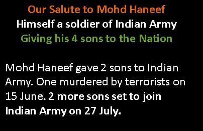 Raj_Ajay_Dube's tweet image. Family of Bravehearts💪🙏
1-Mohammad Haneef Sahab
is veteran of Indian Army.
2-Elder son Kasim is serving in Army
3- Middle Son-Shaheed Aurangzeb was serving in 44 RR
4-2 Younger Sons Tariq &amp;amp; Shabir passed the test,joining #IndArmy soon
Salutes &amp;amp; Respect for this brave family !