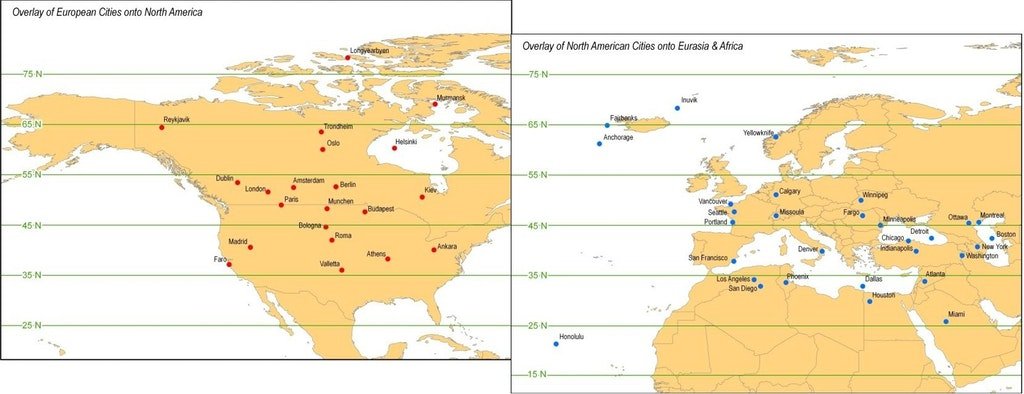 #Map shows North American and European cities at same latitude. Source: buff.ly/2ygLChd