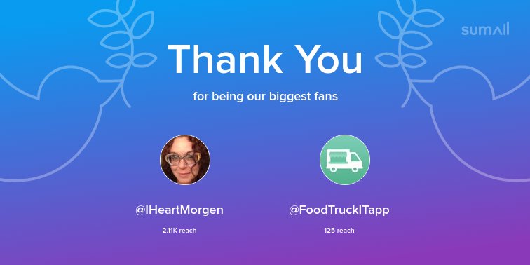 Our biggest fans this week: <a href="/IHeartMorgen/">Morgen</a>, <a href="/FoodTruckITapp/">FoodTruckIT App</a>. Thank you! via sumall.com/thankyou?utm_s…