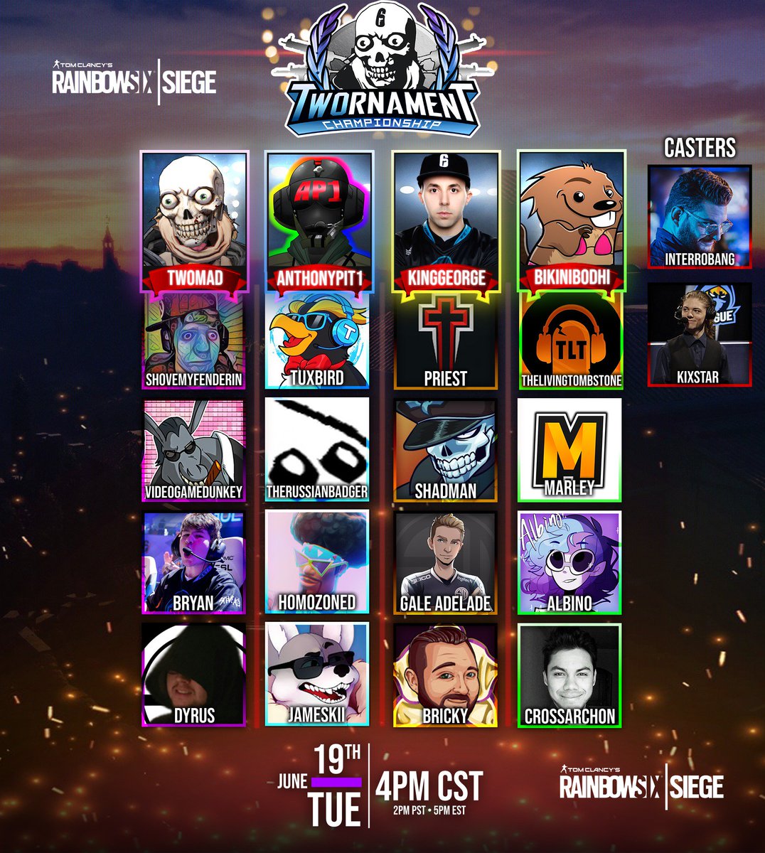 twomad's tweet image. #TWOrnament is HAPPENING!

 * @Rainbow6Game ᴛᴏᴜʀɴᴀᴍᴇɴᴛ*

👉June 19th, 4pm CST @ twitch.tv/twomad

We got:
@anthonypit1
@KingGeorgeTV
@Jameskii
@BikiniBodhi
@Dyrus
@JesseSMFI
@vgdunkey
@DARUSSIANBADGER
@Shadbase
@BryanR6s
@Gale_Adelade
&amp;amp; more! 280 characters 🙄

RT!