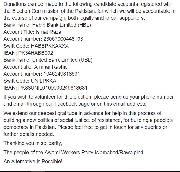 AWPIsbRwp's tweet photo. Donations can be made on these accounts.
Thanking you in solidarity,
The people of the Awami Workers Party Islamabad/Rawalpindi
#AnAlternativeIsPossible #VoteAWP https://t.co/DwZ1rqqwaS