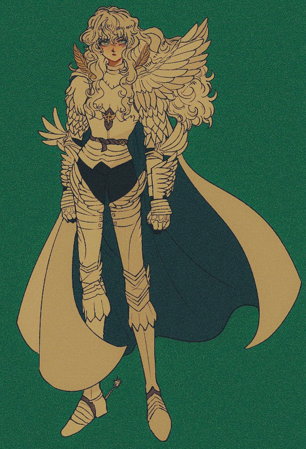 armor solo long hair cape full body green background blue eyes  illustration images