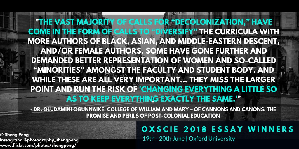 Introducing one of the essayists of #OXSCIE 2018, Dr. Oludamini Ogunnaike from William &amp; Mary writing on the #decolonization of our curriuculum and the importance of intellectual #pluralism. Read the outstanding essay here: drive.google.com/file/d/1JzpPOe…