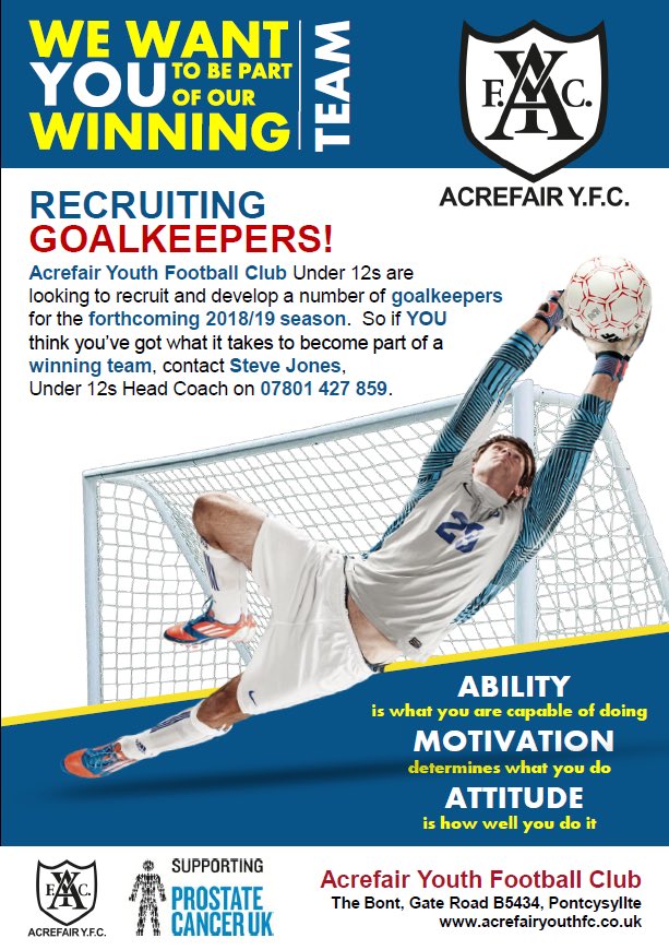 Acrefair Youth FC (@acrefairyfc) on Twitter photo <a href="/AcrefairYFC/">Acrefair Youth FC</a> Under 12s are looking to recruit and develop a number of goalkeepers for the forthcoming 2018/19 season. See the attached flyer for full details.
#TogetherWeStand
<a href="/wrexham/">Wrexham.com</a> <a href="/ActiveWrexham/">Wrecsam Egniol / Active Wrexham</a> <a href="/welshfootie/">welshfootie</a> @WrexhamGrowth <a href="/YsgolAcrefair/">Ysgol Acrefair</a> <a href="/wrexhamcbc/">Wrexham Council</a> <a href="/AcrefairYFC/">Acrefair Youth FC</a> Under 12s are looking to recruit and develop a number of goalkeepers for the forthcoming 2018/19 season. See the attached flyer for full details.
#TogetherWeStand
<a href="/wrexham/">Wrexham.com</a> <a href="/ActiveWrexham/">Wrecsam Egniol / Active Wrexham</a> <a href="/welshfootie/">welshfootie</a> @WrexhamGrowth <a href="/YsgolAcrefair/">Ysgol Acrefair</a> <a href="/wrexhamcbc/">Wrexham Council</a>