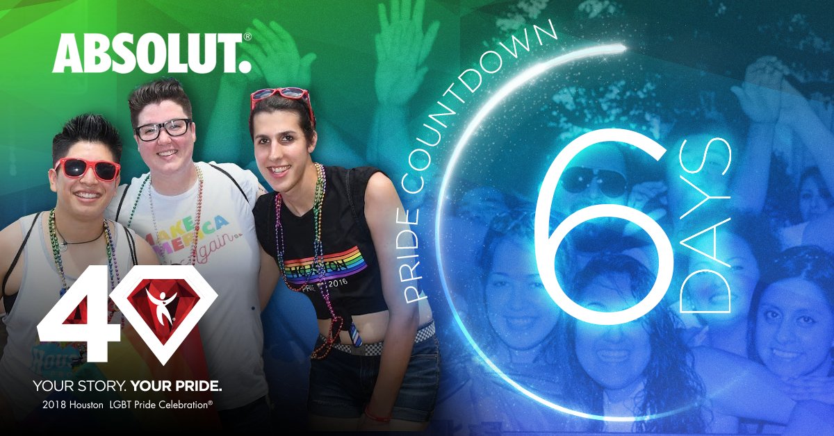 PrideHouston's tweet photo. The @absolutvodka Countdown continues. Only 6 days until the 2018 Houston LGBT Pride Celebration! Be sure to check out the entertainment line up so you don't miss a fabulous second.
https://t.co/ctn4zv0D21

#Pride40 #10daysofPride https://t.co/moEHSht7da