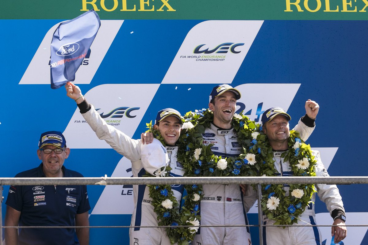 FordRacing's tweet photo. #FordLeMans | Three races. Three podiums.  Some traditions are worth continuing.  Congratulations to our drivers and partners at @CGRsportscar and @roushyates for bringing #FordGT to the podium again today at @24hoursoflemans , the world's greatest sports car race. #LeMans24 https://t.co/W3EsNcuZCe