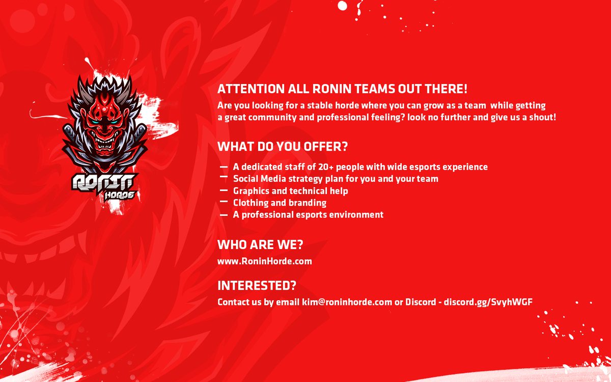 RoninHorde's tweet photo. We are now ready to take things to the next level and thus we are looking for teams and players to represent us. All major esports titles are of interest so hit us up! #roninhorde #esports https://t.co/sQOfGhTWxL