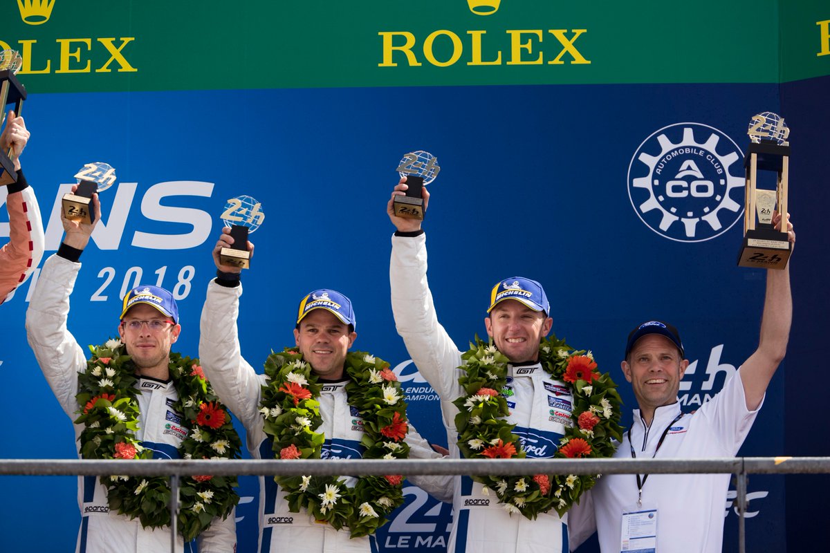 FordRacing's tweet photo. #FordLeMans | Three races. Three podiums.  Some traditions are worth continuing.  Congratulations to our drivers and partners at @CGRsportscar and @roushyates for bringing #FordGT to the podium again today at @24hoursoflemans , the world's greatest sports car race. #LeMans24 https://t.co/W3EsNcuZCe