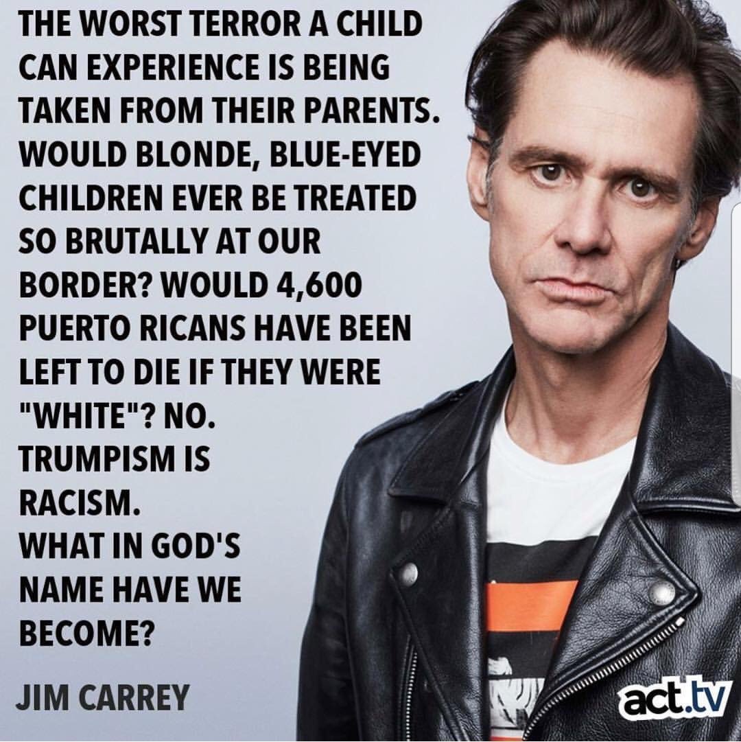 Jaye_inUSA's tweet photo. There is no “we” @JimCarrey.  But unfortunately there is you and your radical #leftist friends who are the TRUE #Racists in our Country.  Children would not be separated from their parents, if their parents come through LEGAL ports of entry. #DumbAss https://t.co/qBMZWDEf5j