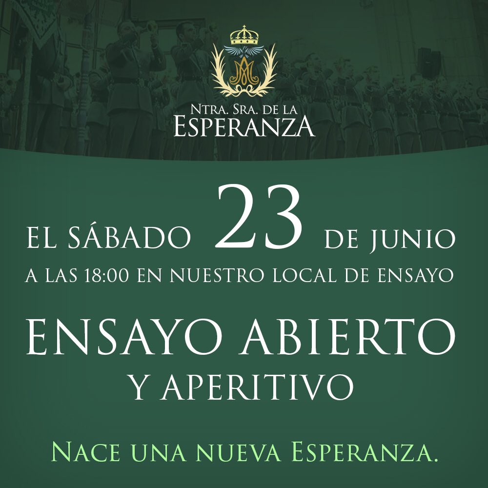 El sábado 23 de Junio a las 6 de la tarde, en nuestro local de ensayo, te invitamos a compartir un rato con nosotros.

Haremos un ensayo abierto, si traes tu instrumento podrás tocar unas marchas con nosotros.

Y a continuación….un refresco y un aperitivo para todos.