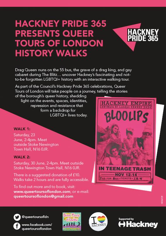 QueerToursLDN's tweet photo. Sunday night blues kicking in? Plan next weekend around our #Queer Tour of #Hackney. @Dandelamotte &amp; @NellAndrewLDN are your guides! Feat Music Hall Drag Kings, 70s New Wave Rock, and the hanky code! 4pm, Stoke Newington Town Hall, £10 https://t.co/0qG7KtYuY8