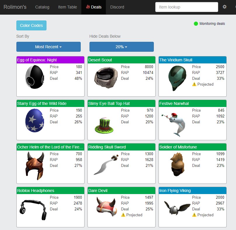 Rolimon On Twitter Deals Feature Is Now Live Items Listed At Low Prices Will Show Up On The Deals Page Within Seconds The Page Also Warns You About Projected Items As Projections - limited roblox item values