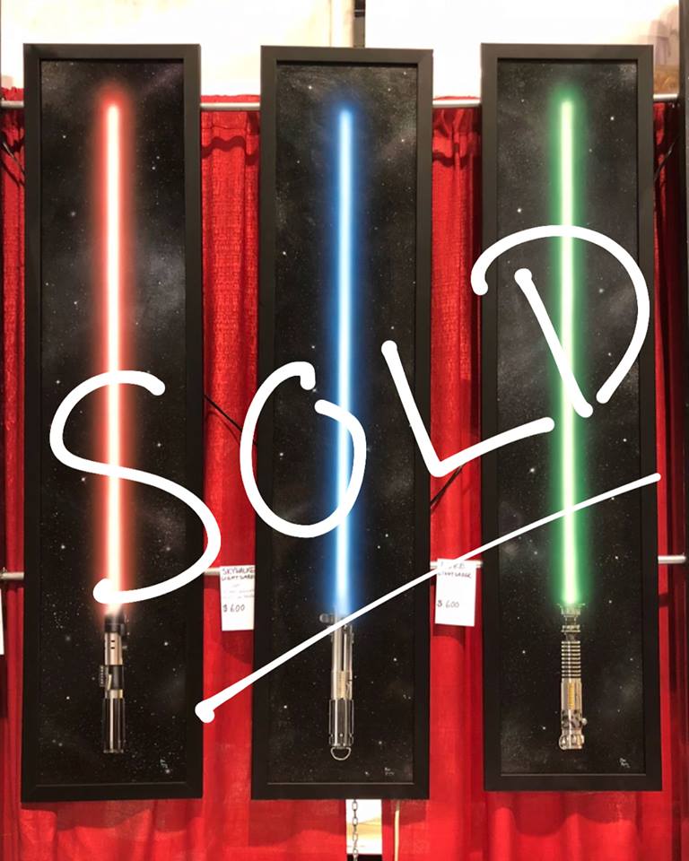 AlanKinneyArt's tweet photo. 3 of my 4 original lightsaber paintings are sold! Kylo’s lightsaber is still up for grabs... let’s see who gets to it first. Find it at @DenverComicCon BOOTH 1137! *Each lightsaber is hand-painted to scale, and screen accurate* #AlanKinneyArt #DCC2018 #Starwars #originalart https://t.co/zo63x0OUkn