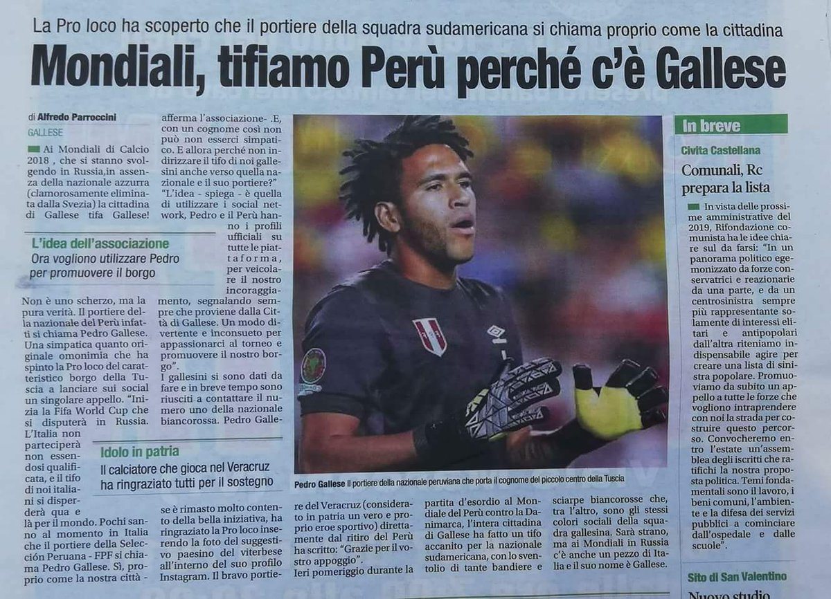 Periódicos italianos escriben sobre el apoyo de la ciudad de Gallese para <a href="/pedrogallese/">Pedro Gallese Quiroz</a> y <a href="/SeleccionPeru/">La Bicolor</a>.
#gallese #gallesetifaperu #PreparadosParaTodo #per #ArribaPeru #Peru #italia