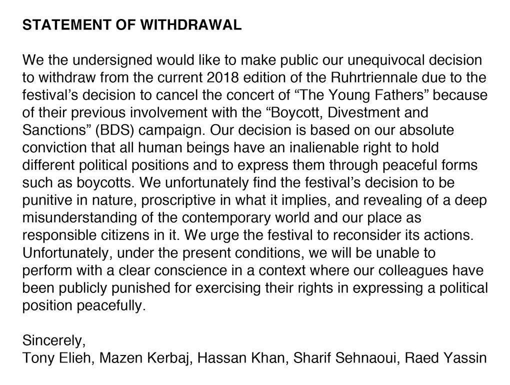 after the #ruhrtriennale canceled the concert of #young_fathers because of their support of the #bds we are withdrawing from the festival