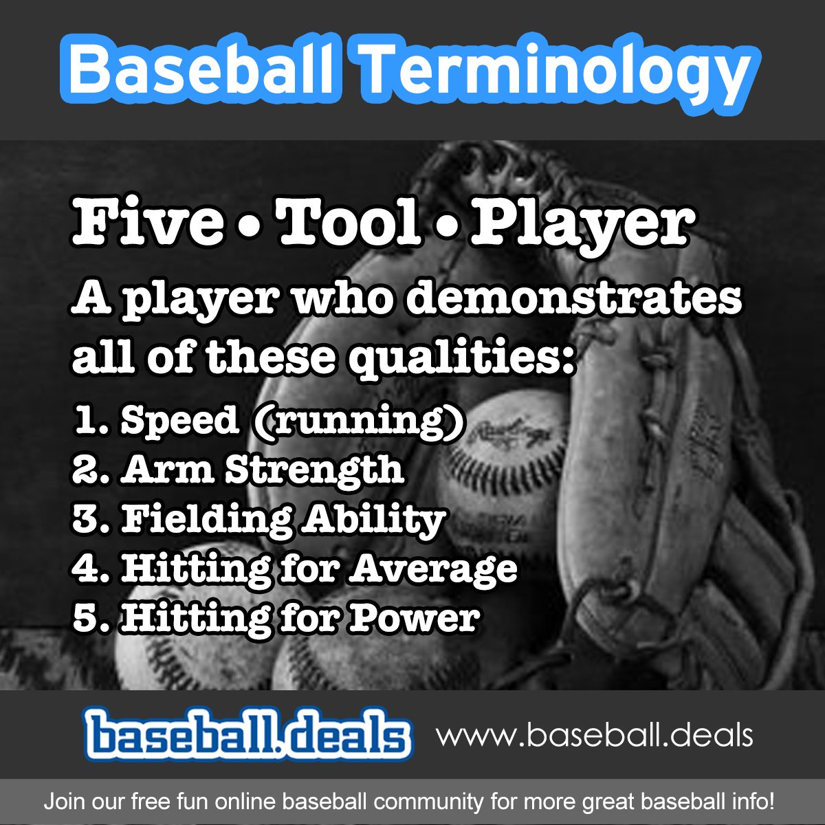 DealsBaseball's tweet photo. Baseball Terminology - Five Tool Player - from: https://t.co/tvn96V0EKb #baseball #baseballmoms #baseballlife #mlb #sports #baseballterms #baseballgame #baseballislife #baseballseason #travelbaseball #game #today #sports #weather #season #playing #team #series https://t.co/JvYIuaaoTo