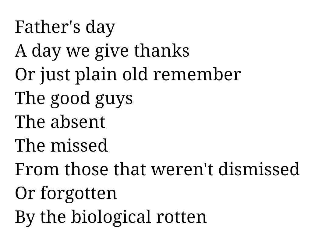 HandmadeLensomy's tweet image. Father's day
A day we give thanks
Or just plain old remember 
The good guys
The absent
The missed
From those that weren't dismissed 
Or forgotten 
By the biological rotten 
But to the dad's that raised us
That stepped in by choice
Or just stuck around to the very end
#lensomy