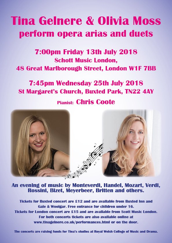 tinagelnere's tweet photo. Please come along to the concert on 25th July at St Margaret's Church at Buxted Park where Tina, Olivia and Chris will be performing opera arias and duets! Tickets on sale online, at Buxted Inn and Gale&amp;Woolgar.
https://t.co/ULMURVJg2F https://t.co/Qzwl8I1eXw