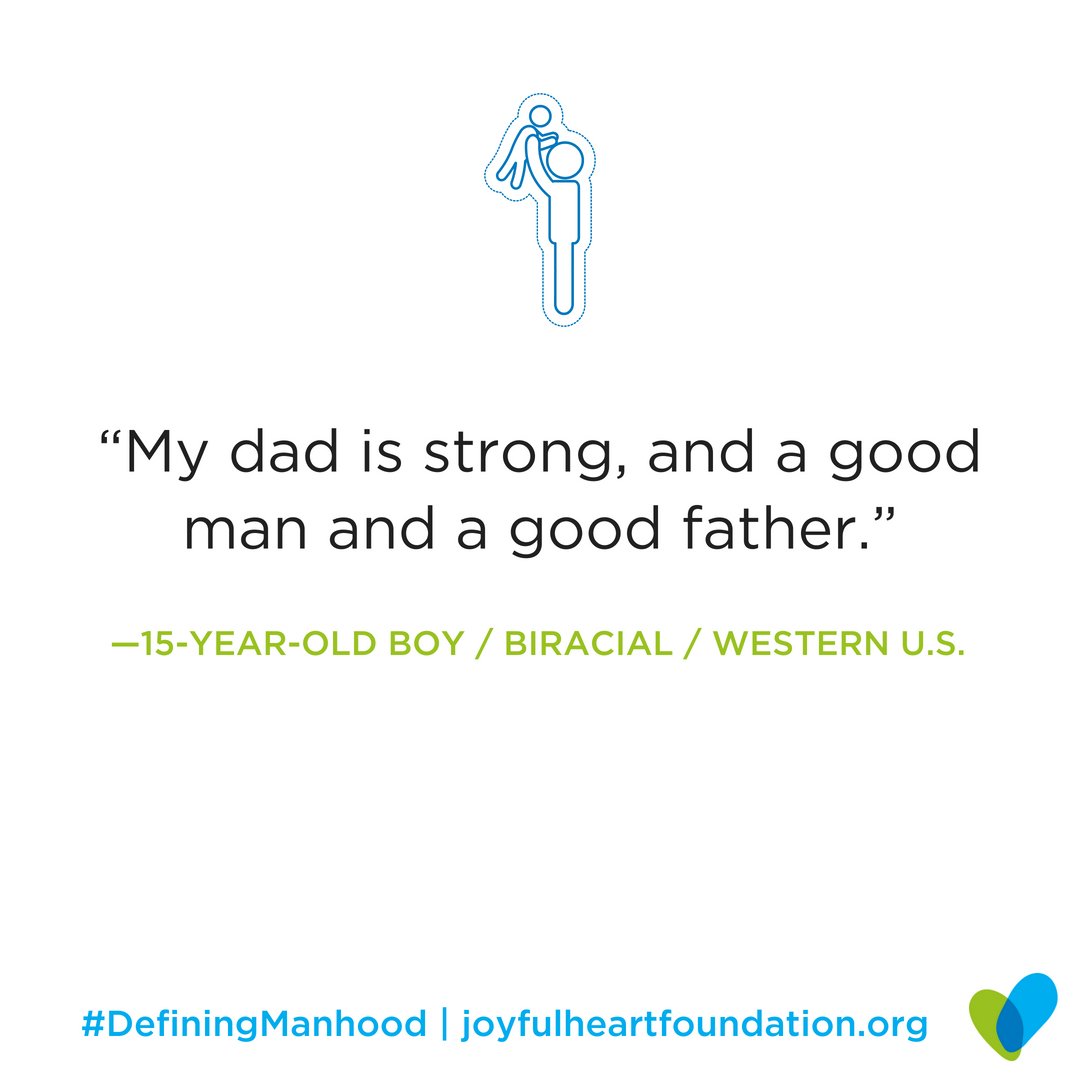 TheJHF's tweet photo. Happy Father's Day! We're sharing quotes from our new #DefiningManhood study about the lessons young men and boys learned from their dads. To the men in our community: what did your role models teach you about being a man? #FathersDay https://t.co/HqZ7Zp5Jpz https://t.co/Qja3U0oKb8