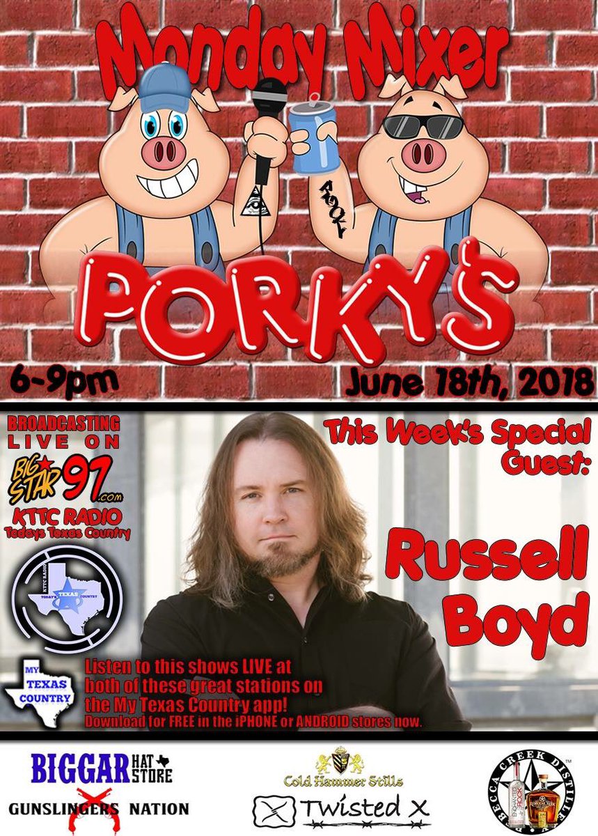 mondaymixer's tweet photo. Tomorrow our special guest will be @russellboydtx from 6-9pm on @bigstar97dotcom  &amp; @TodaysTXcountry @Rockhound0 @DJPhilipCorder @twistedxboots @coldhammerstill @gsnationusa @BiggarHatStore https://t.co/IEPNj4vDH0