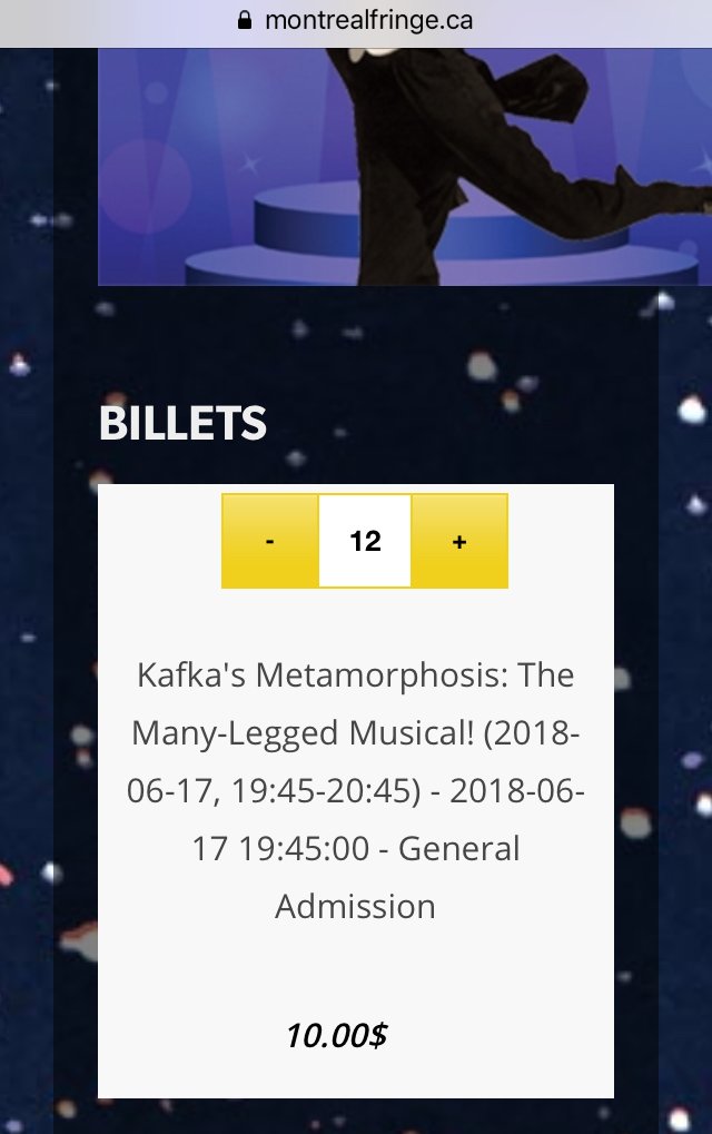 KafkaMusical's tweet photo. Only 12 tickets remaining for tonight’s final KafkaMusical perf of @Fringemtl! Help us become a bunch of sell-outs... #fringebuzz https://t.co/Qqjp4mZIlM