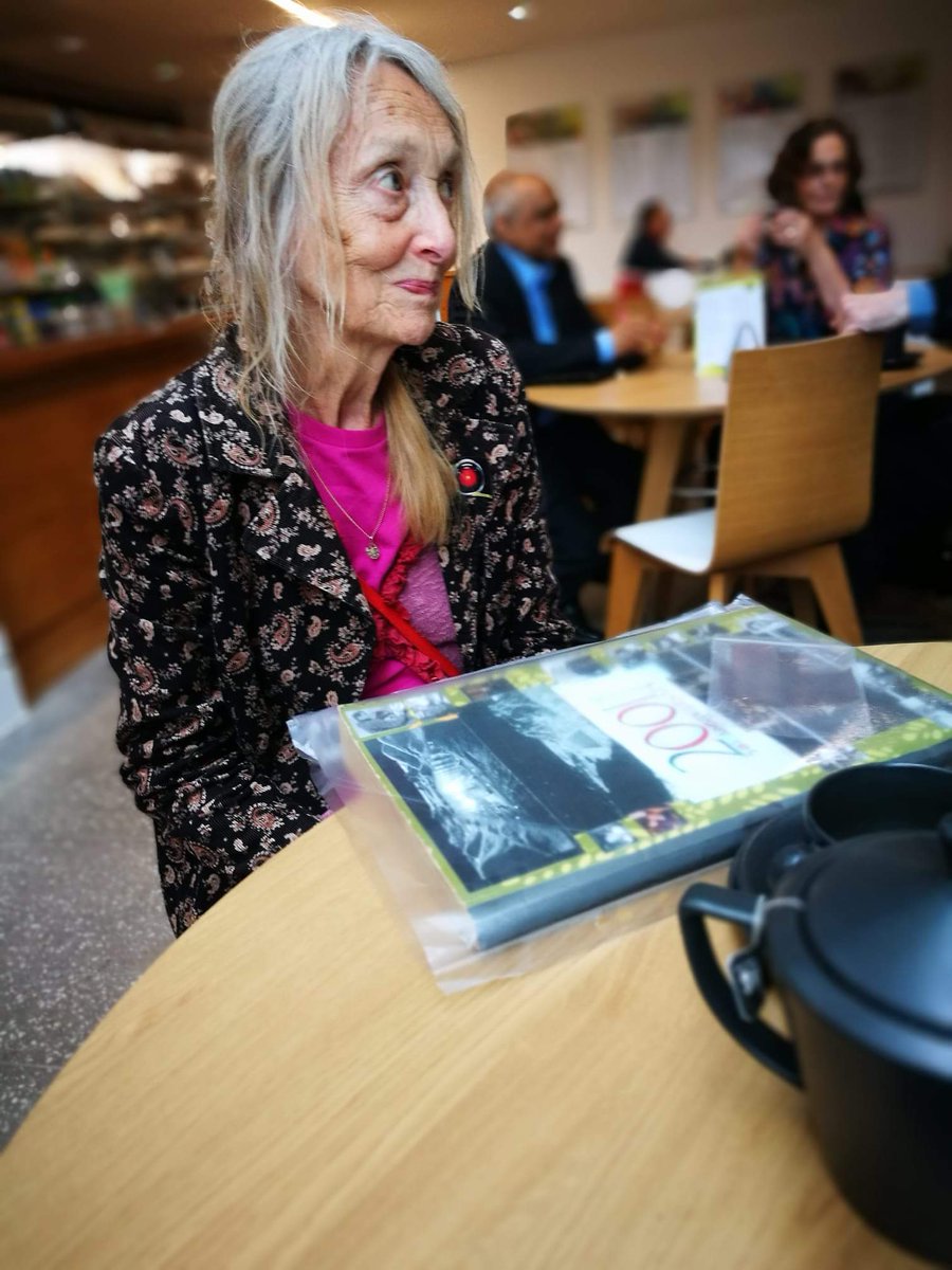 2001_italia's tweet photo. This charming lady is Joy Cuff; she worked on '2001: A space odyssey' and is telling us some great stories about the making of the movie. In front of her a scrapbook with some fantastic pictures. What a lovely, lively girl! #2001Beyond50 https://t.co/dUDZYtrYQW