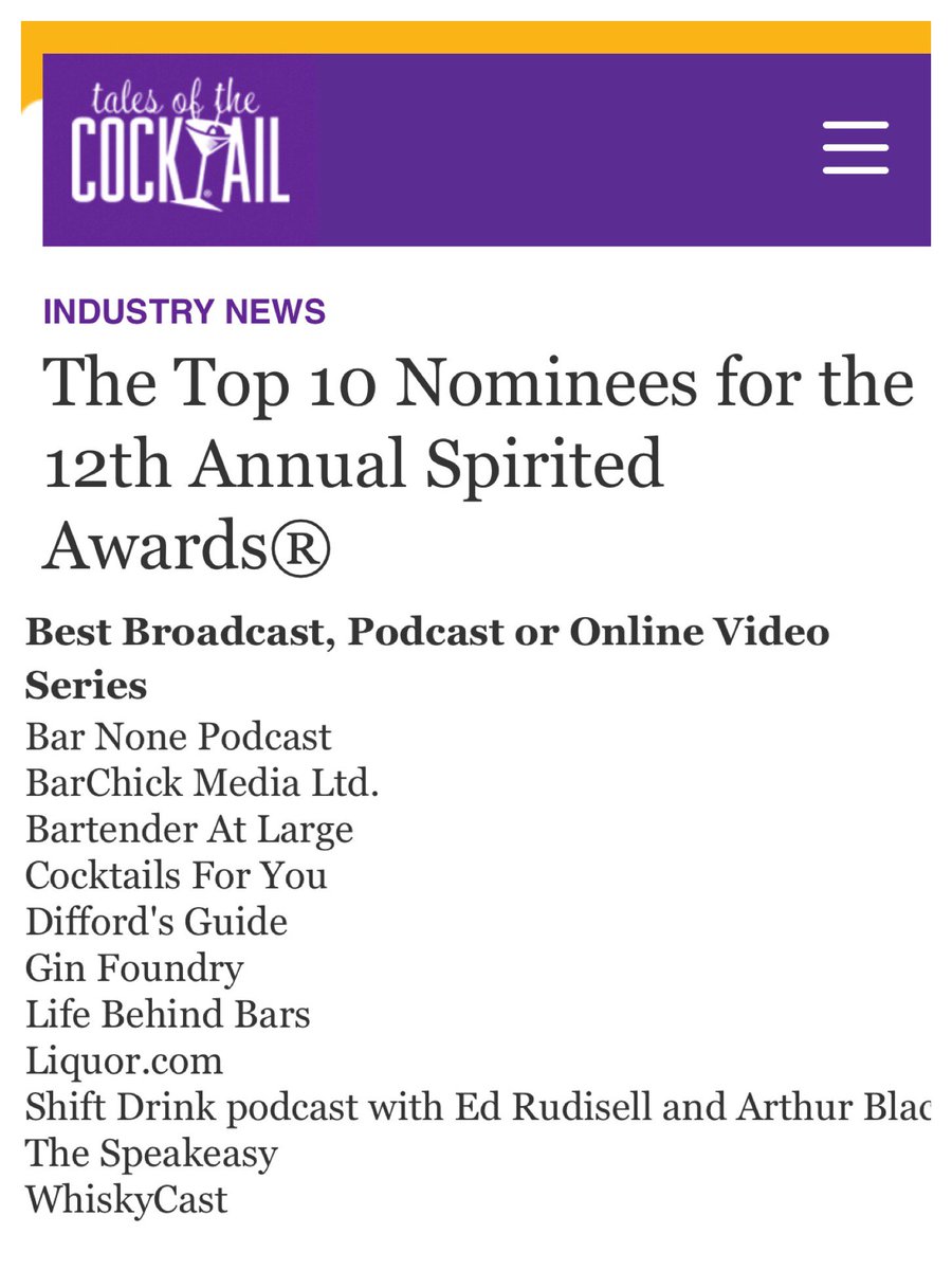 We are honored to have our podcast nominated for a Tales of the Cocktail Spirited Award. Thank you all for the support &amp; congrats to all the other nominees!