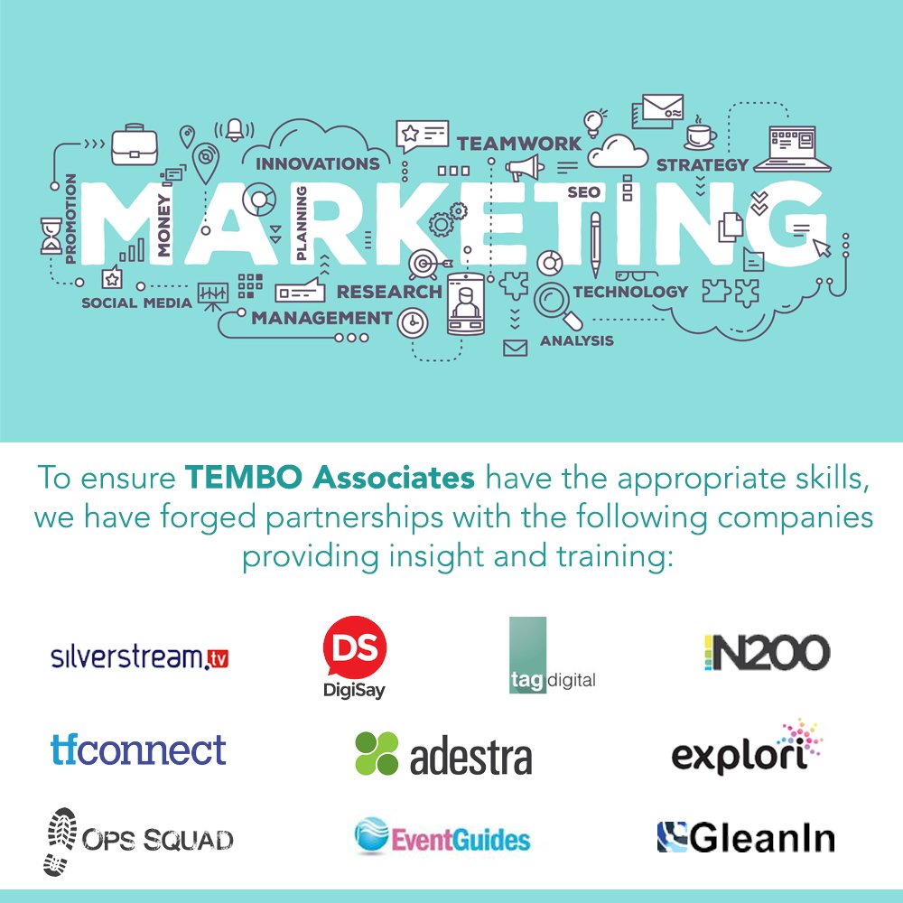 Best in shows! 
To ensure TEMBO Associates have the appropriate skills, we have forged partnerships with the companies providing insight and training.
All partners are selected by virtue of being a key provider to the industry with high standards of delivery.
#eventprofs